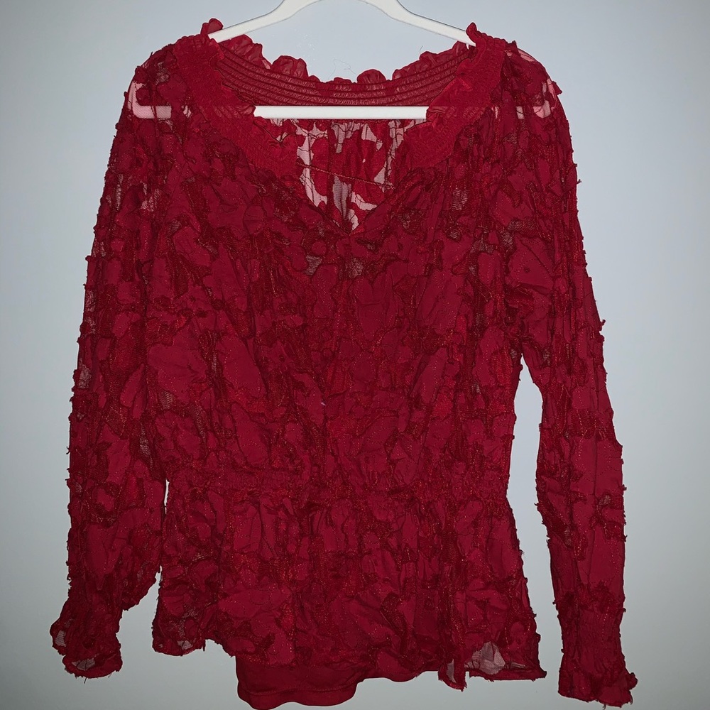 Women’s red sheer/patterned overlay top with attached undershirt.